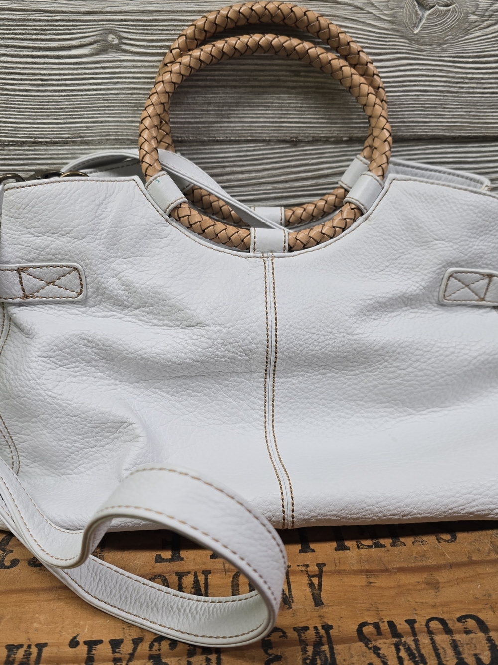 White Leather Bag with Braided Tan Handles